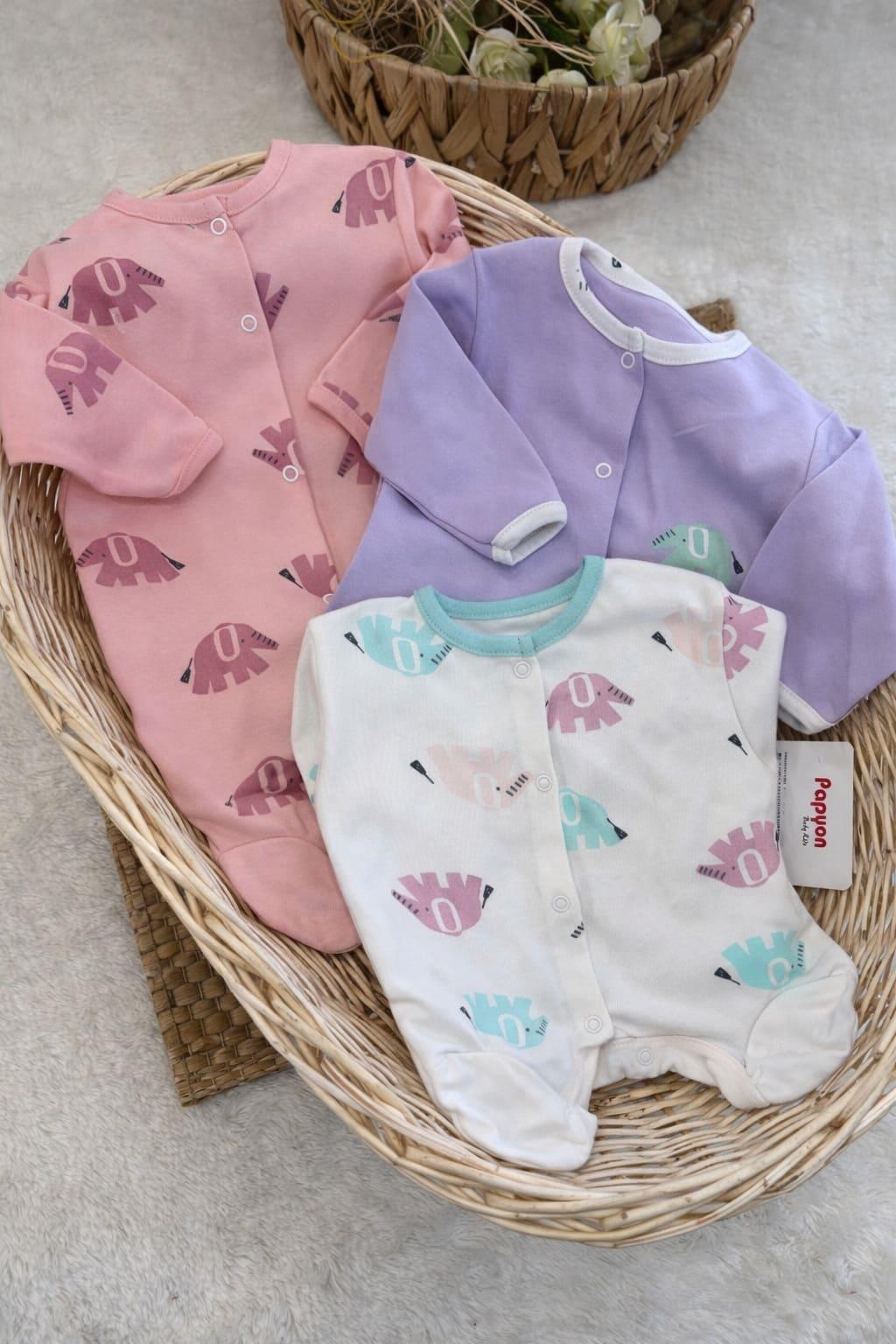 Fil Baskılı Kız Bebek 3lü Patikli Tulum Set 0-3/3-6/6-9 Ay