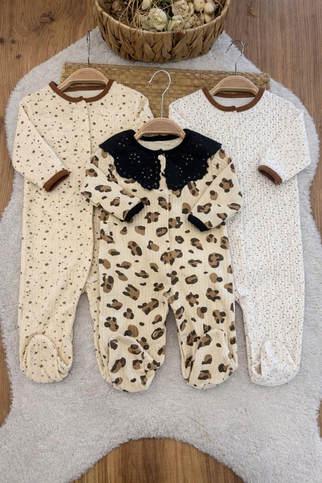 Leopar Yıldız Kalp Desenli Kız Bebek Patikli 3lü Tulum Set (0-3/3-6/6-9 Ay)