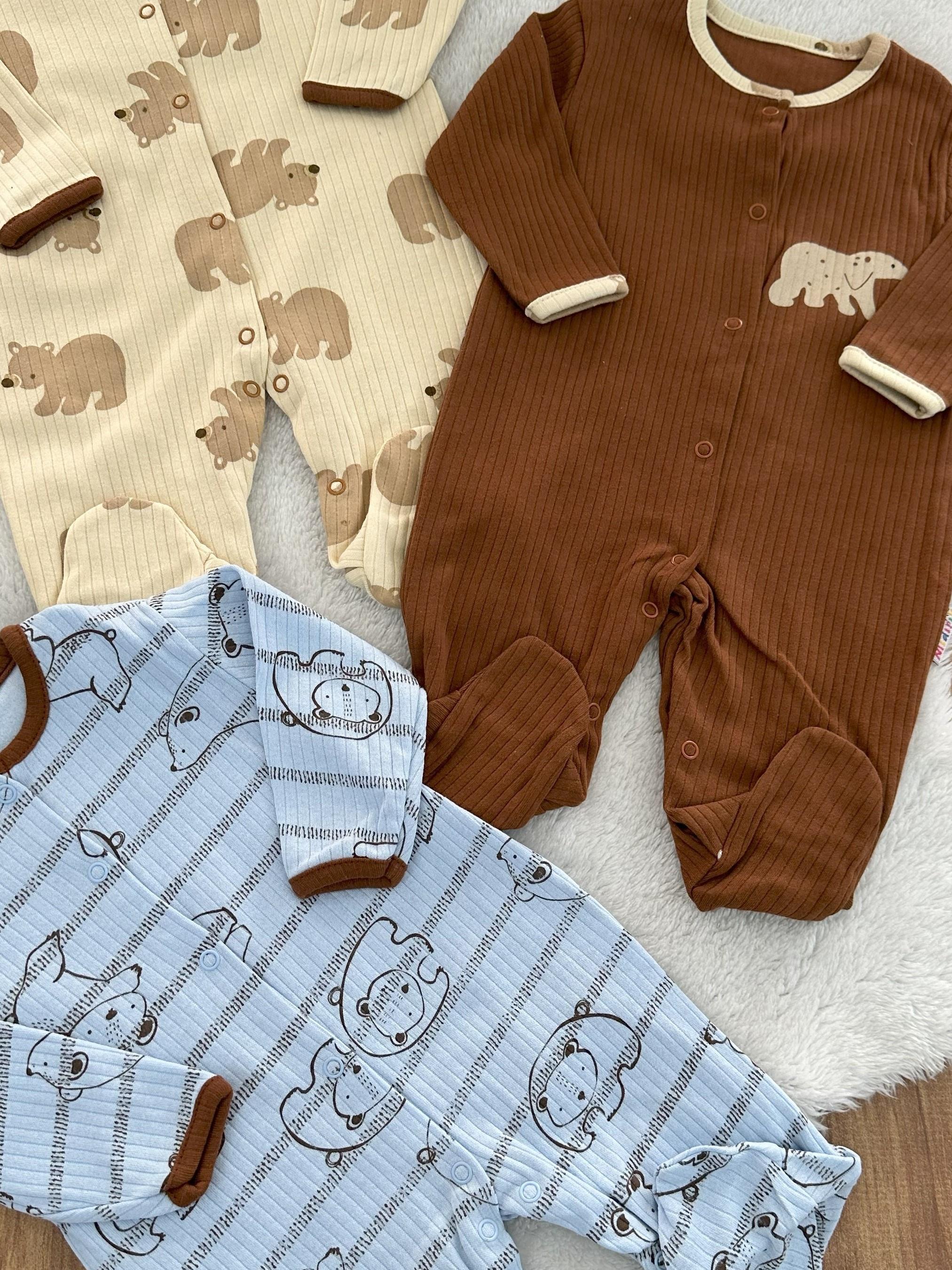 Ayıcık Baskılı Raporlu Erkek Bebek 3lü Tulum 0-3/3-6/6-9 Ay