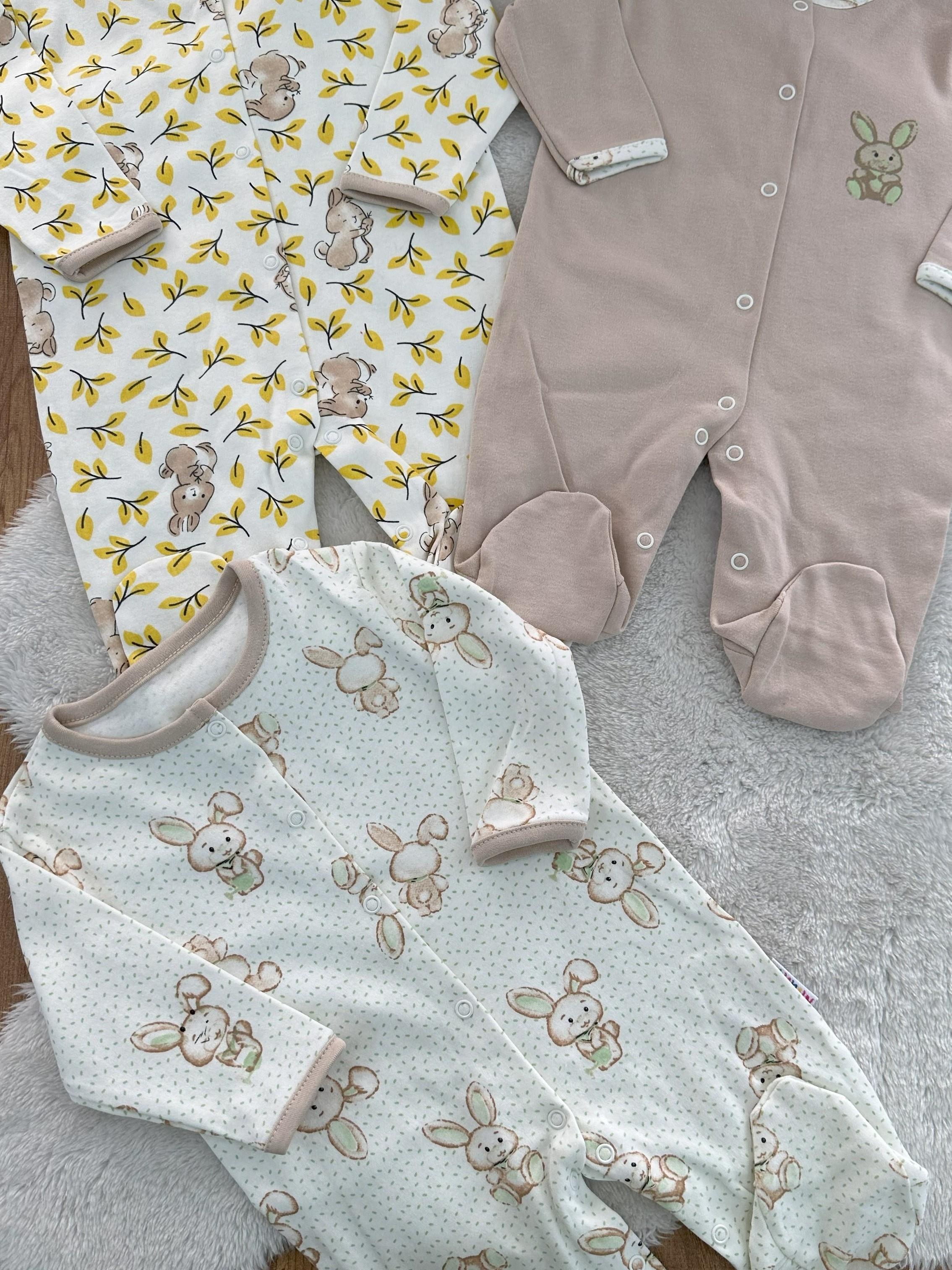 Yaprak Tavşan Baskılı Uniseks Bebek 3lü Patikli Tulum Set 0-3/3-6/6-9 Ay