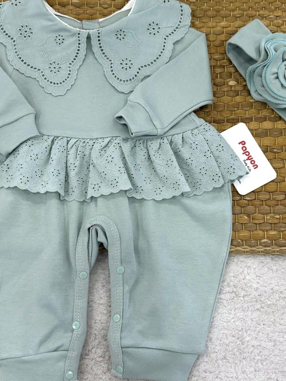 Güpürlü Yakalı Fırfırlı Kız Bebek Manşetli Tulum (0-3/3-6/6-9 Ay)