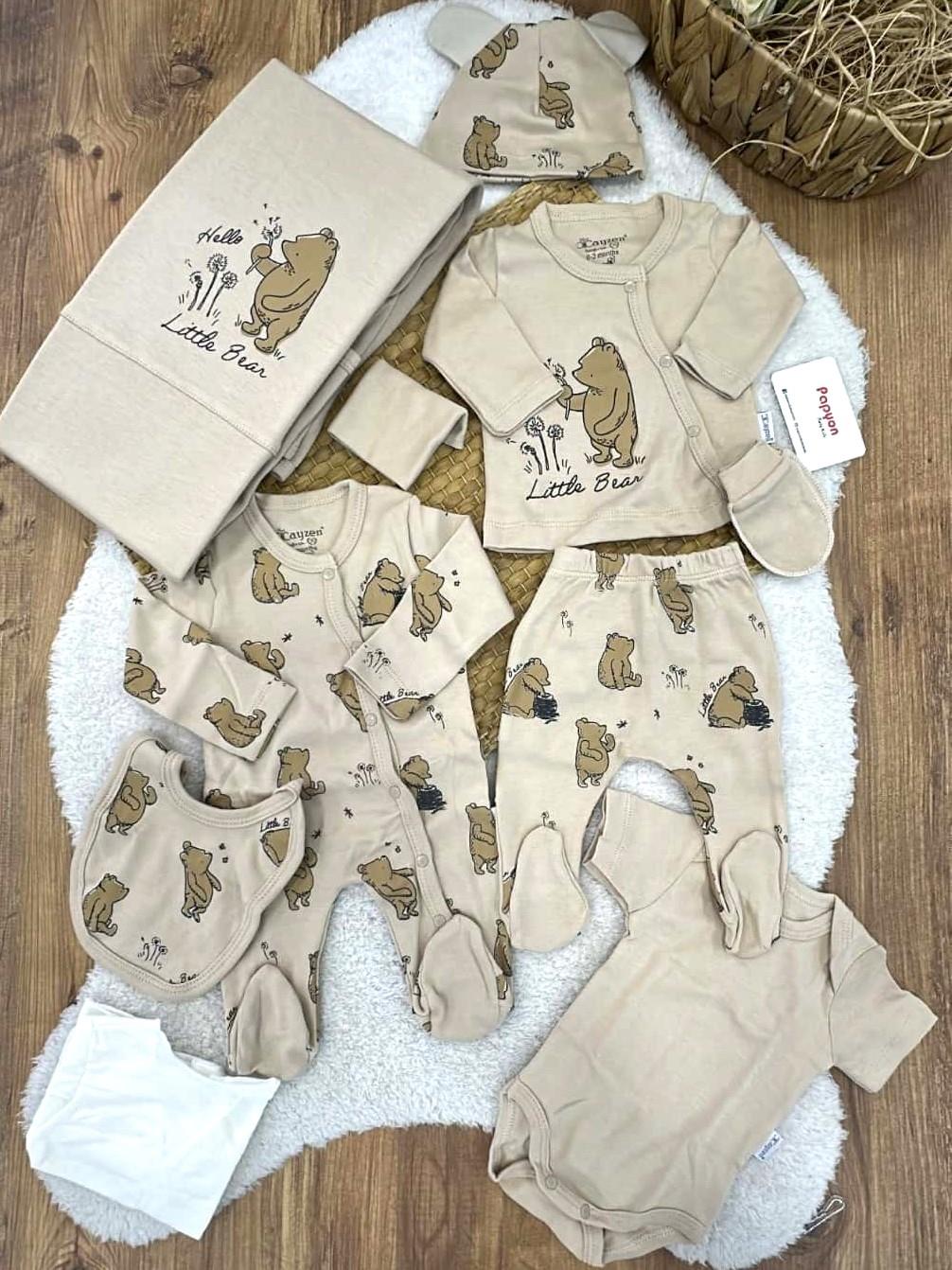 Hello Little Bear Ayıcık Model Yenidoğan Erkek Bebek Tulumlu Organik 10lu Hastane Çıkış Seti