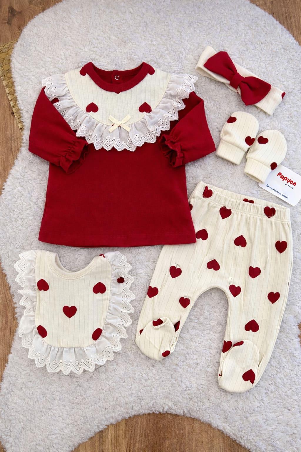 Kalp Desenli Güpürlü Yenidoğan Kız Bebek 5li Zıbın Set