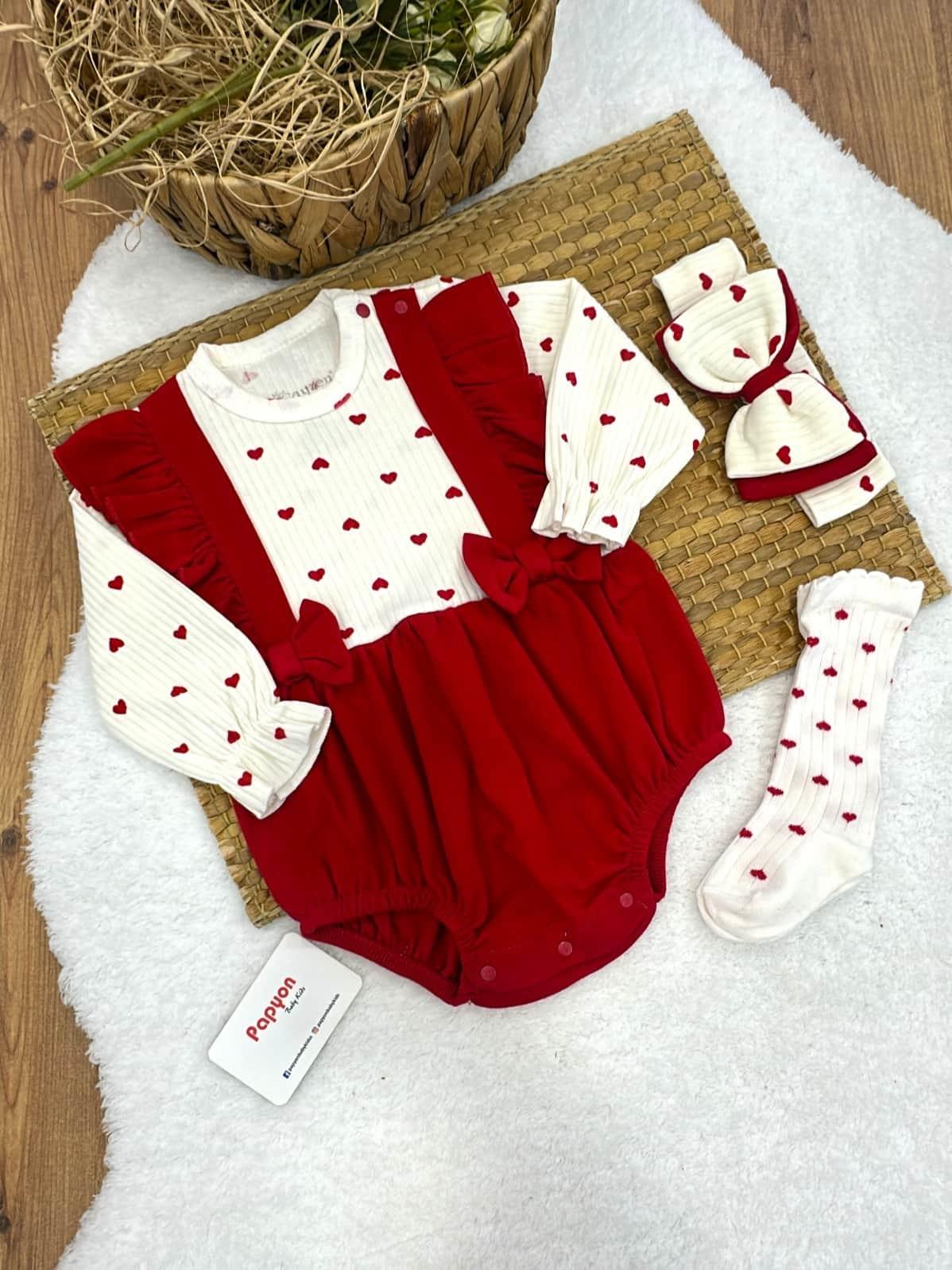 Kalpli Kız Bebek Çoraplı Bandanalı Romper Set (3-6/6-9/9-12 Ay) (Video Açıklamada)