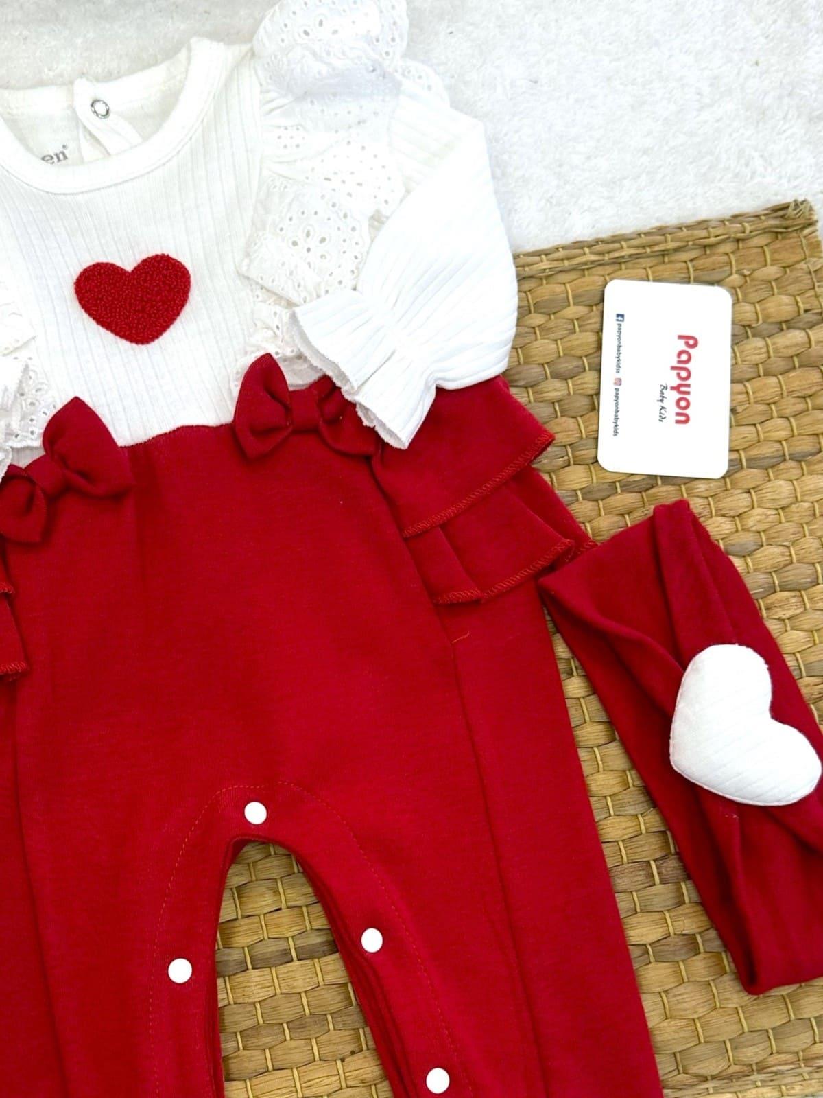 Lottie Süzene Kalpli Güpürlü Fırfırlı Kız Bebek Tulum Bandana Set (0-3/3-6/6-9 Ay)