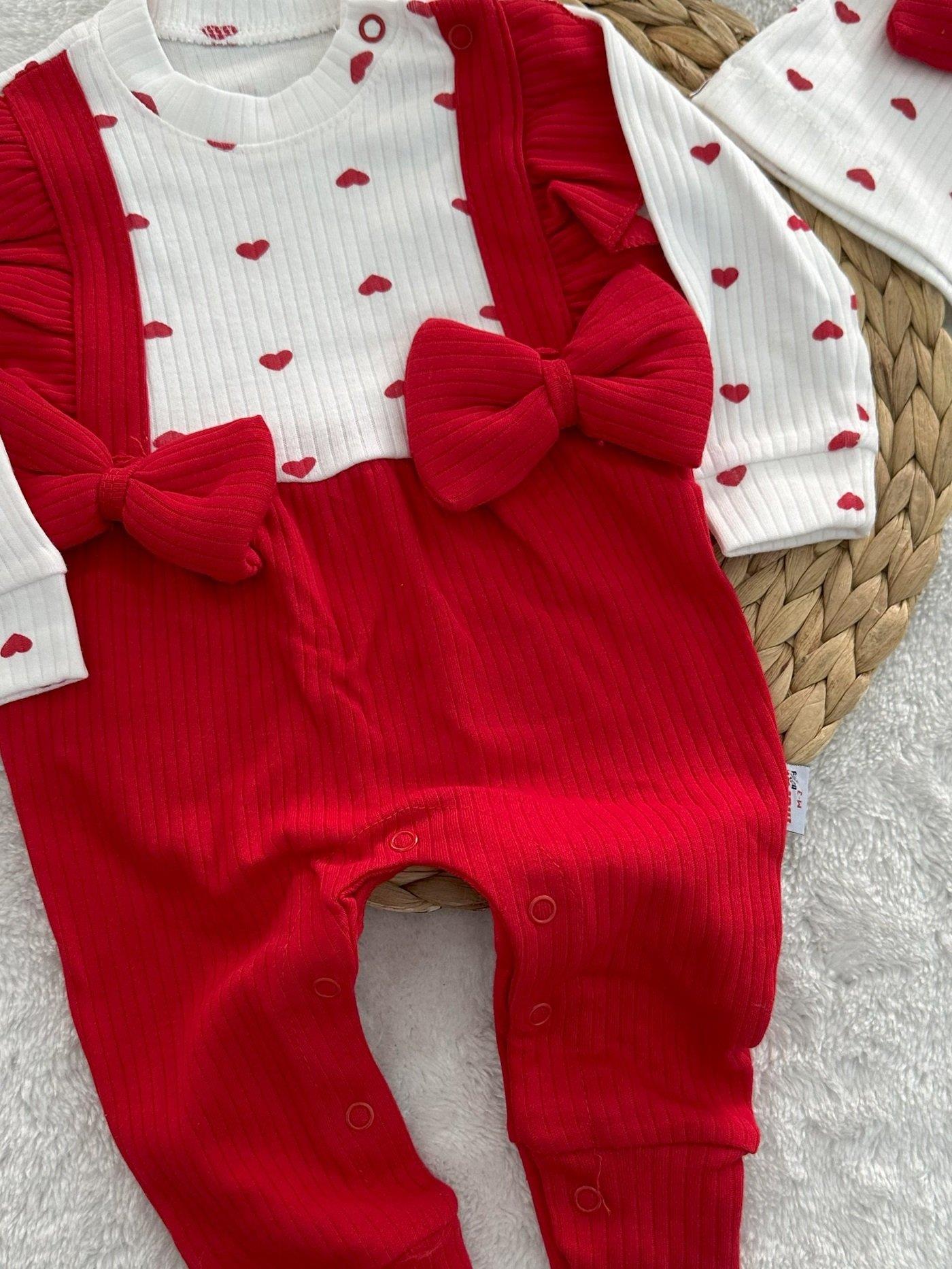 Minik Kalp Fırfırlı Fiyonklu Kız Bebek Tulum Bere Set 0-3/3-6 Ay