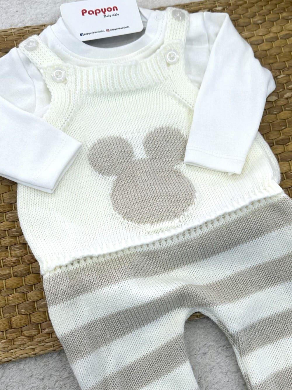 Çizgili Mickey Triko Salopetli Badili Uniseks Bebek Takım (3-6/6-9/9-12 Ay)