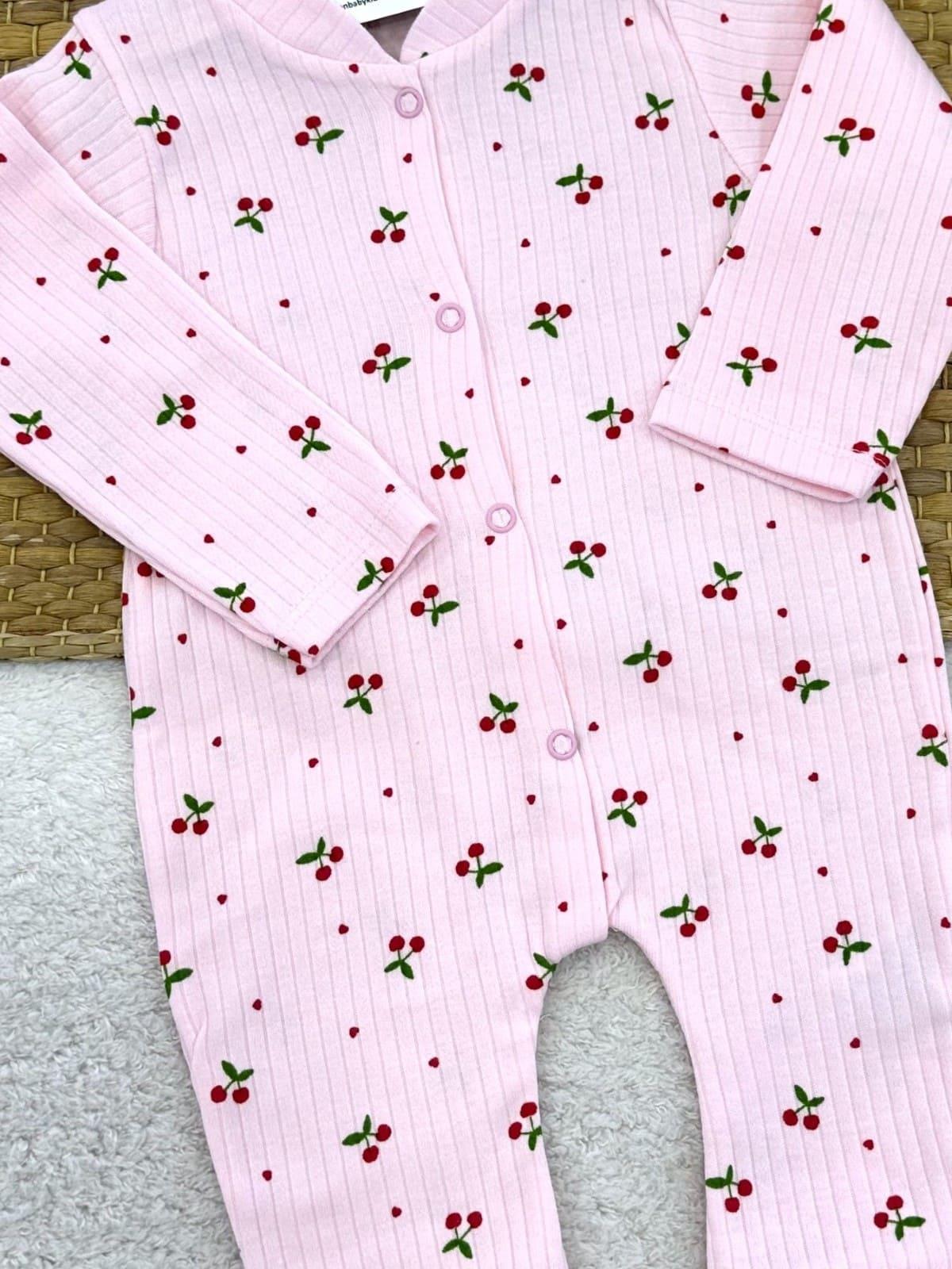 Pembe Minik Kiraz Desenli Fitilli Kız Bebek Patikli Tulum (0-3/3-6/6-9 Ay)