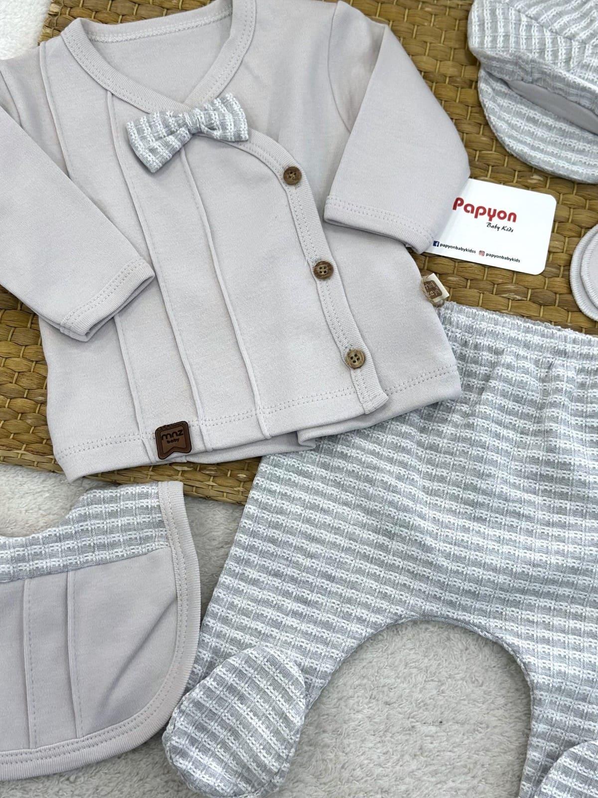 Papyonlu Nervürlü Yenidoğan Erkek Bebek 5li Zıbın Set