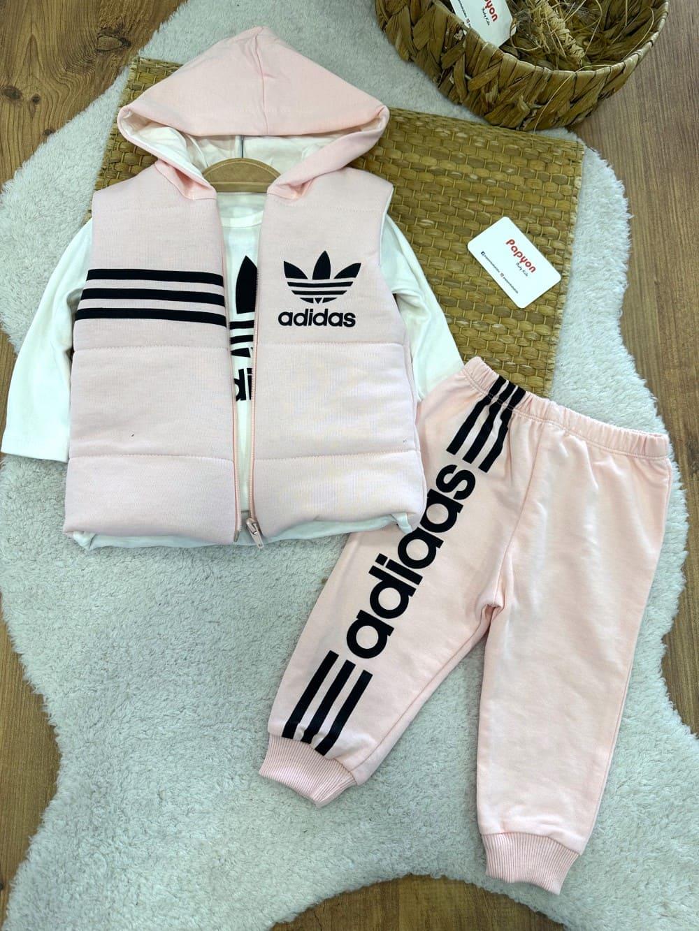 Adidas Baskılı Kapşonlu Yelekli Kız Bebek 3lü Takım (6-9/9-12/12-18/18-24 Ay)