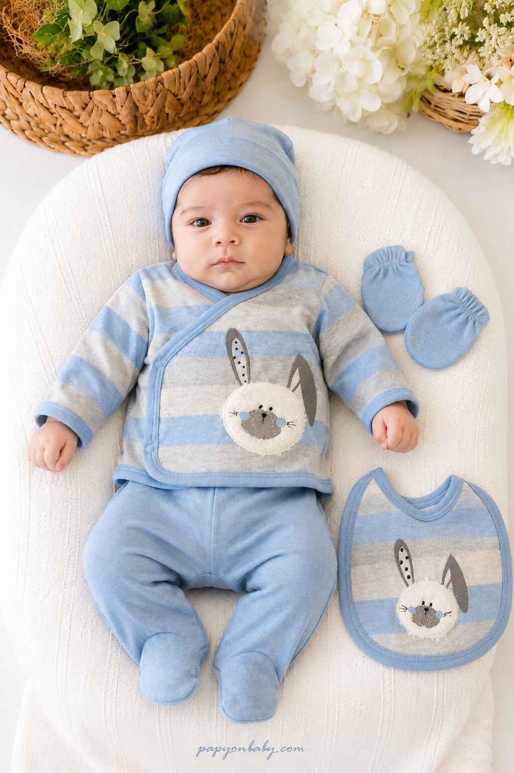 Tavşan Nakışlı Erkek Bebek 5li Hastane Çıkışı Seti (%100 Pamuk)(0-3 Ay)