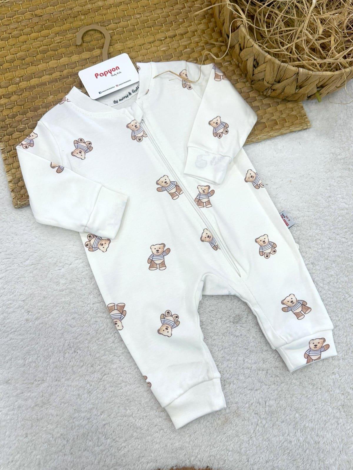 Ayıcık Baskılı Fermuarlı Erkek Bebek Manşetli Tulum (0-3/3-6/6-9/9-12 Ay)