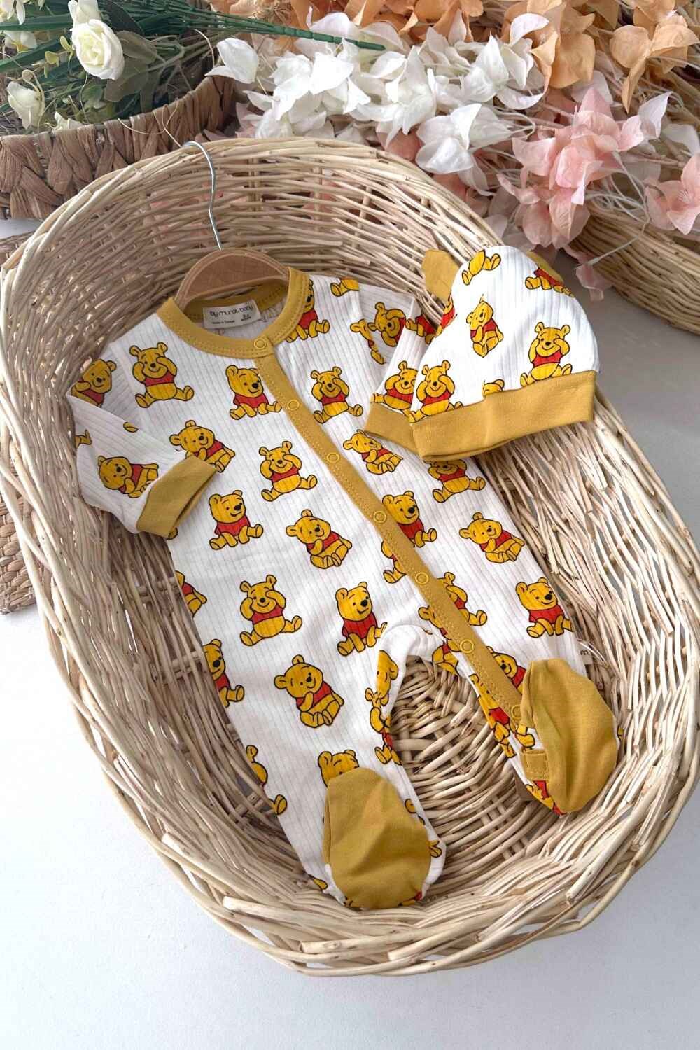 Ayıcık Desenli Şapkalı Unisex Bebek 2li Tulum Set (%100 Pamuk)(0-3/3-6 Ay)