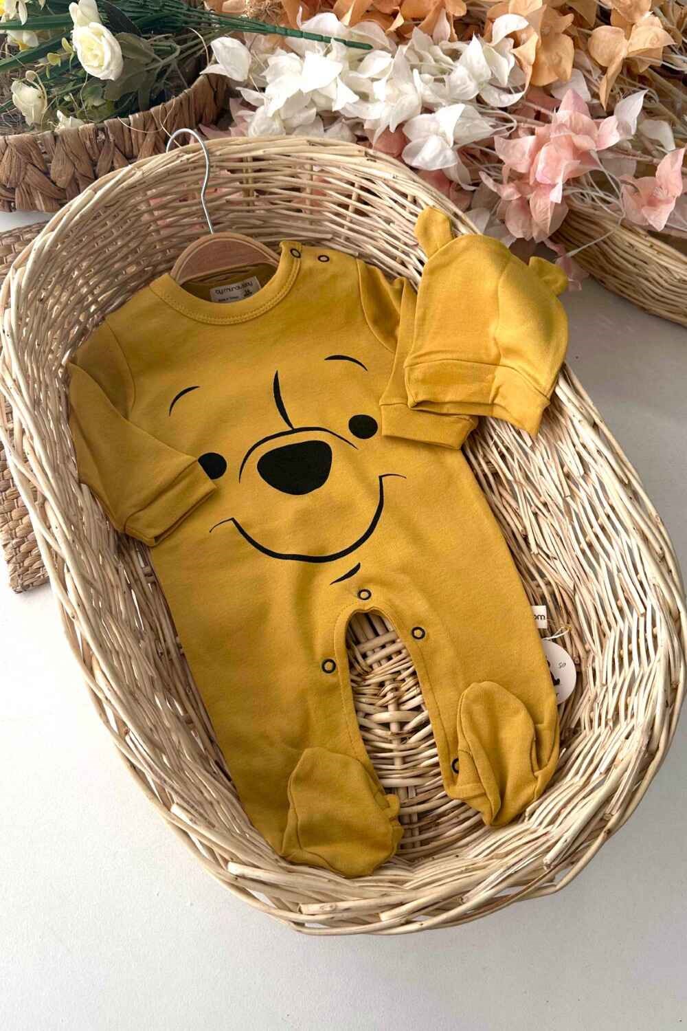 Ayıcık Desenli Şapkalı Unisex Bebek 2li Tulum Set (%100 Pamuk)(0-3/3-6 Ay)