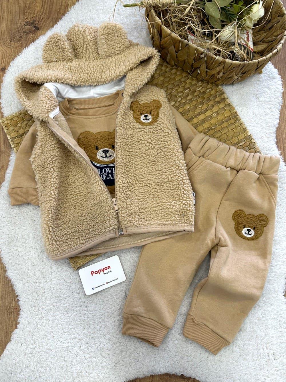 Ayıcık Nakışlı Peluş Yelekli Erkek Bebek 3ip Şardonlu Takım (6-9/9-12/12-18/18-24 Ay)