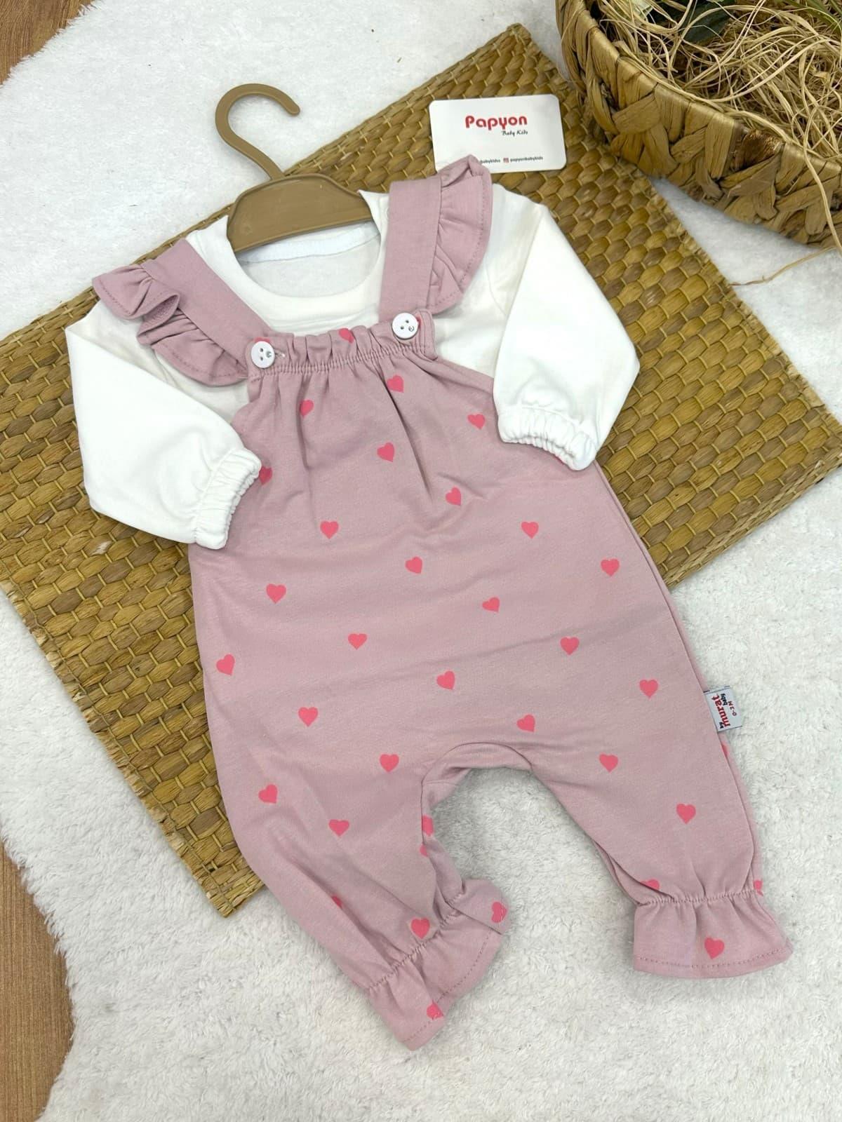 Badili Minik Kalp Baskılı Kız Bebek Salopet Takım (0-3/3-6/6-9/9-12 Ay)