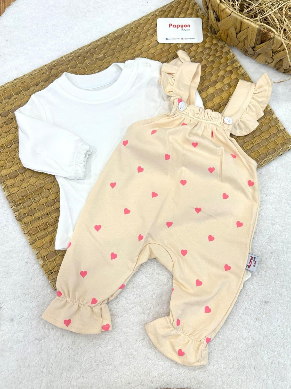 Badili Minik Kalp Baskılı Kız Bebek Salopet Takım (0-3/3-6/6-9/9-12 Ay)