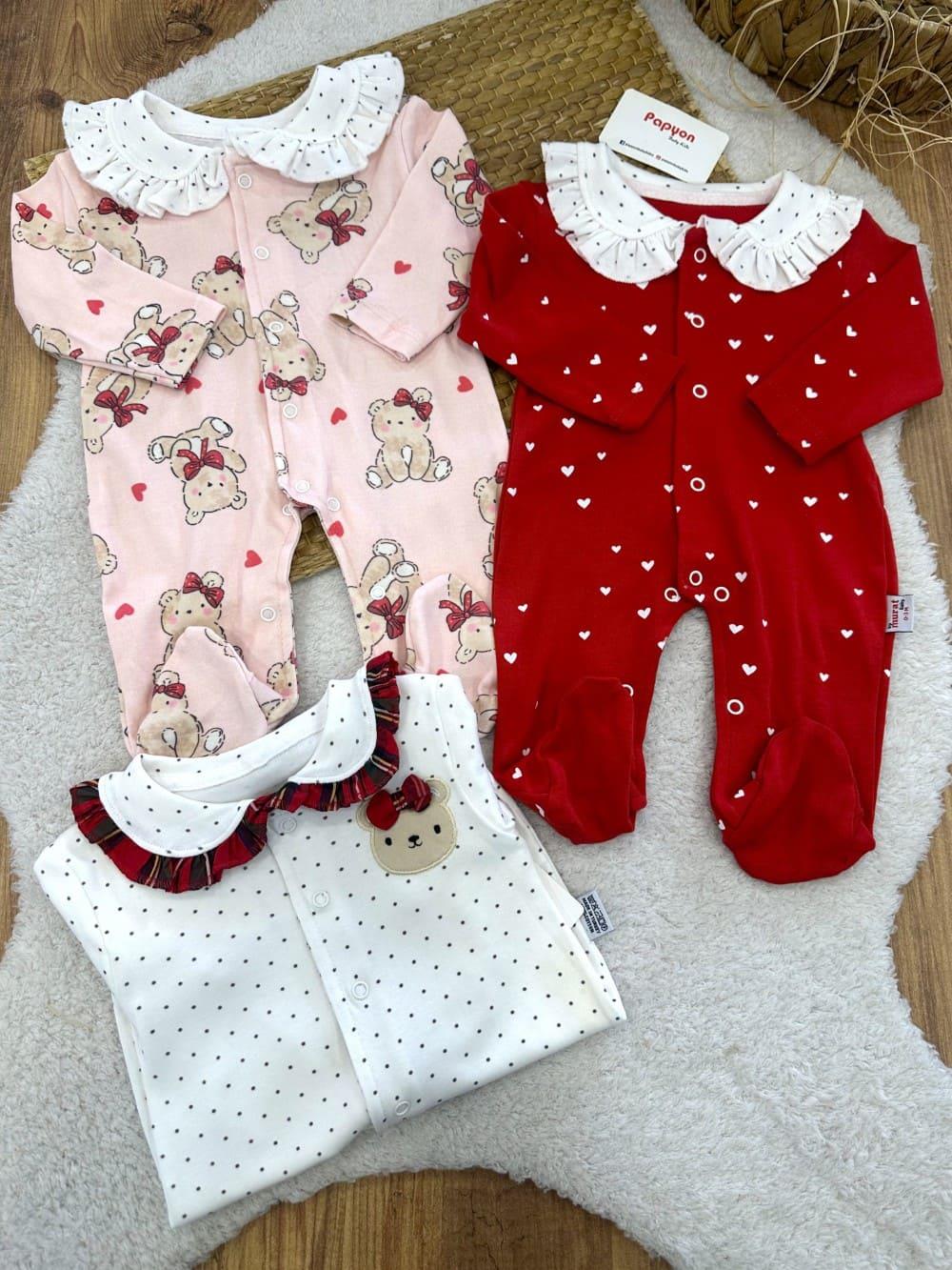 Bebe Yakalı Desenli Kız Bebek 3lü Tulum (0-3 Ay)