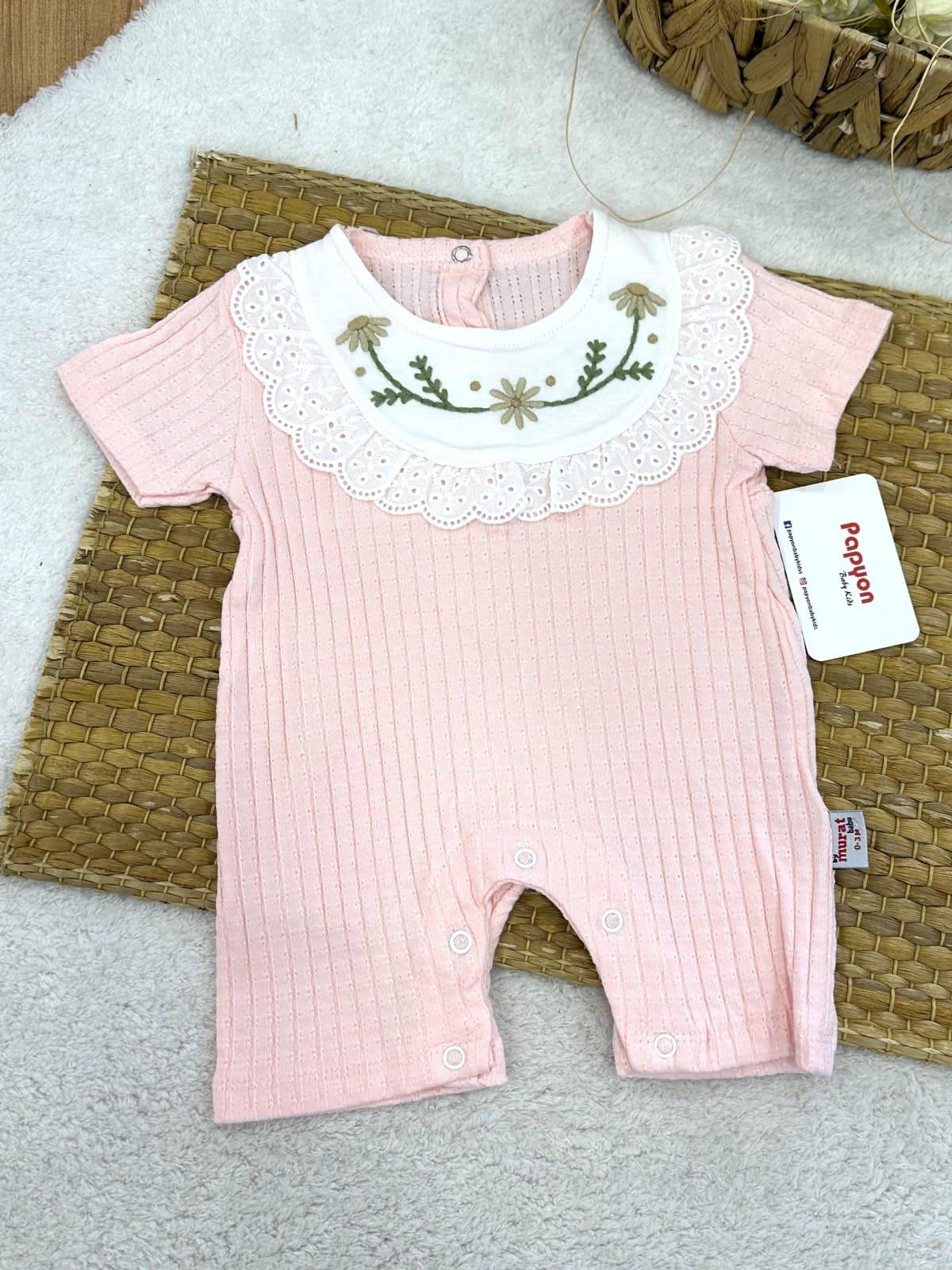 Çiçek Nakışlı Yakalı Güpürlü Kız Bebek Yazlık Şort Tulum (0-3/3-6/6-9/9-12 Ay)