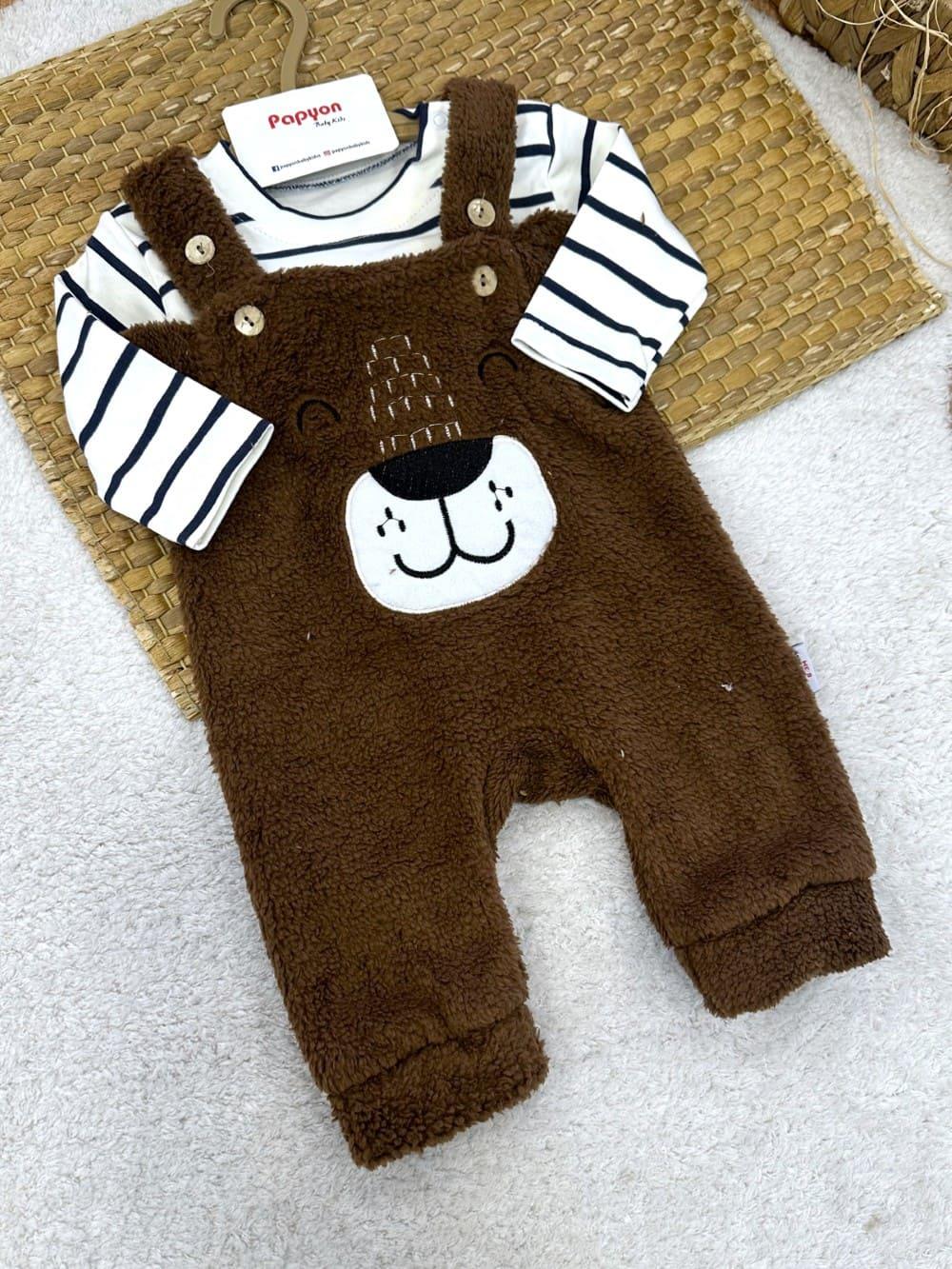 Çizgili Badili Peluş Salopetli Erkek Bebek Takım (0-3/3-6/6-9/9-12 Ay)