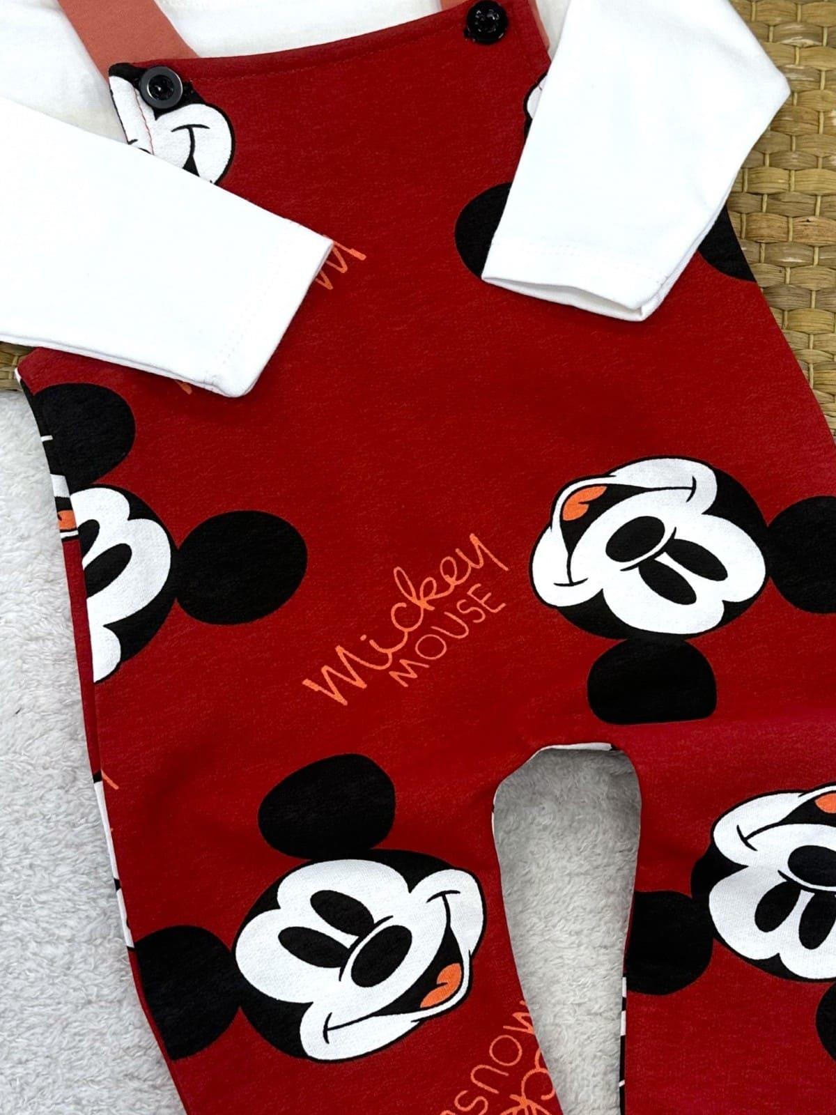 Düz Badili Mickey Mouse Baskılı Penye Salopet Erkek Bebek 2li Takım (0-3/3-6/6-9/9-12 Ay)