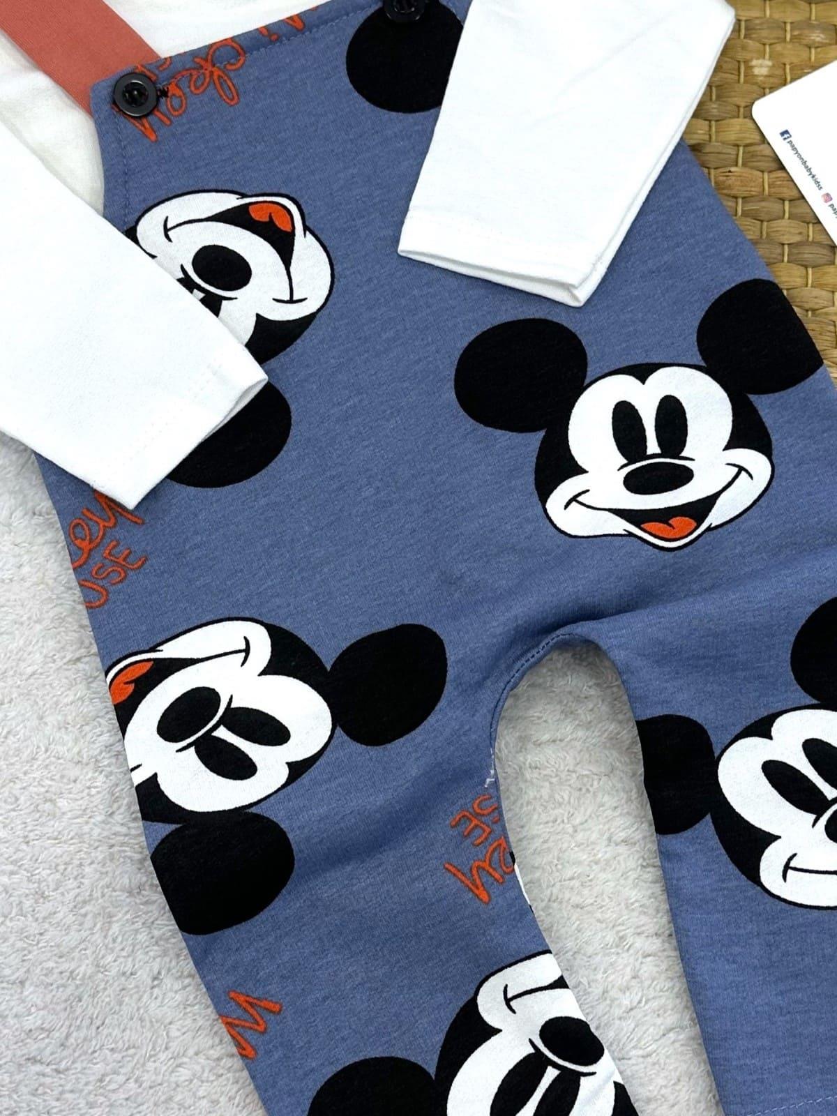 Düz Badili Mickey Mouse Baskılı Penye Salopet Erkek Bebek 2li Takım (0-3/3-6/6-9/9-12 Ay)