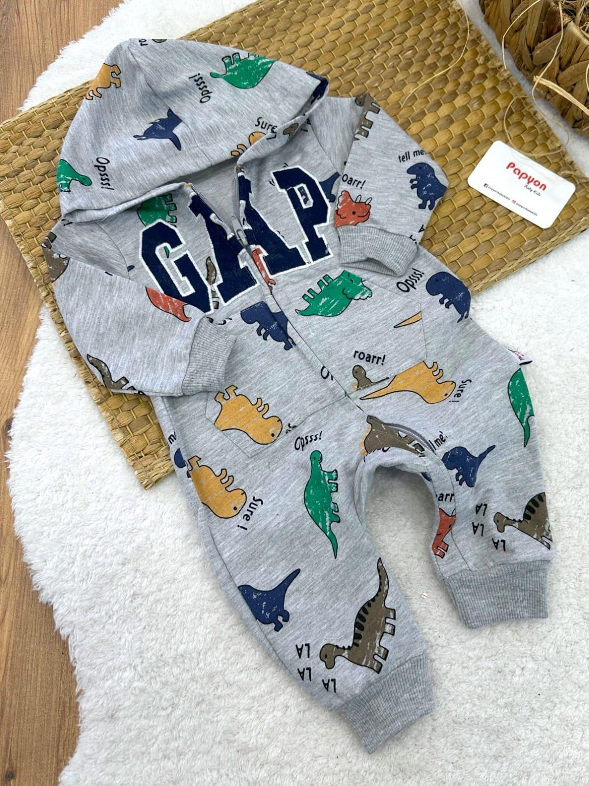 Gap Nakışlı Dinozor Baskılı Kapüşonlu Fermuarlı Erkek Bebek Manşetli Tulum (0-3/3-6/6-9/9-12 Ay)