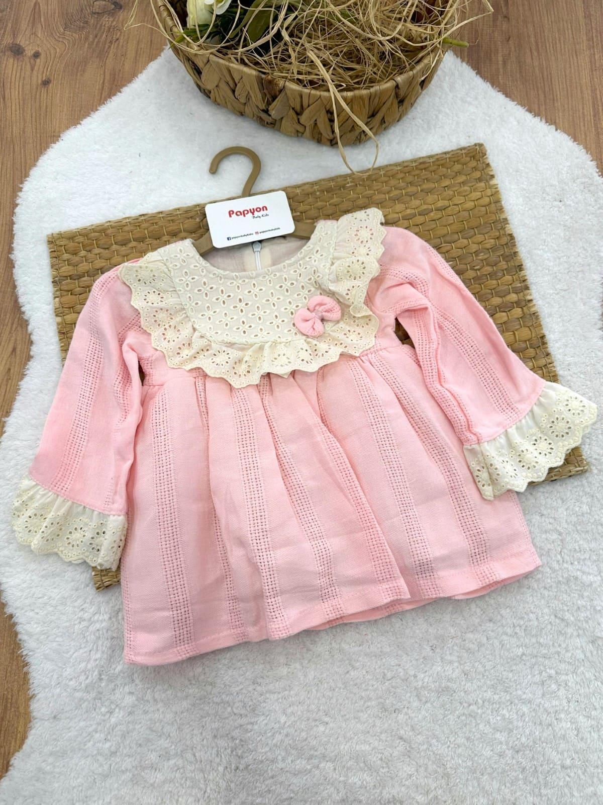 Güpür Yakalı Hasır Desen Astarlı Kız Bebek Elbise (3-6/6-9/9-12/12-18/18-24 Ay)