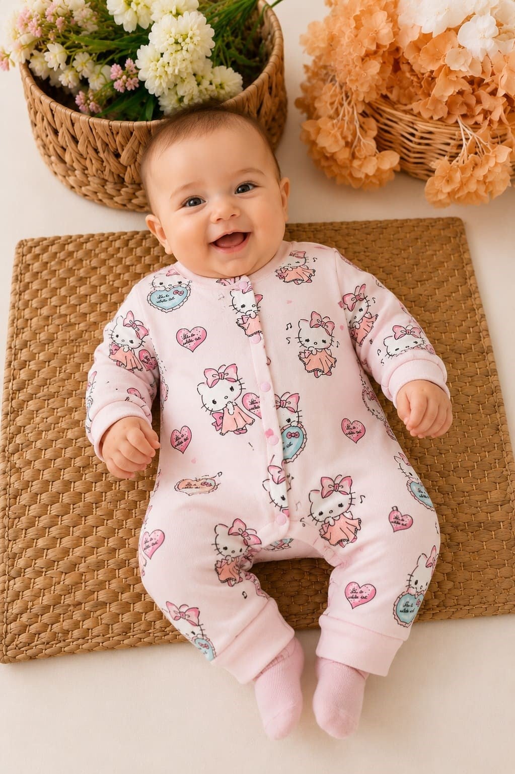 Hello Kitty Desenli Kız Bebek Tulum (%100 Pamuk) (0-3/3-6/6-9/9-12 Ay)