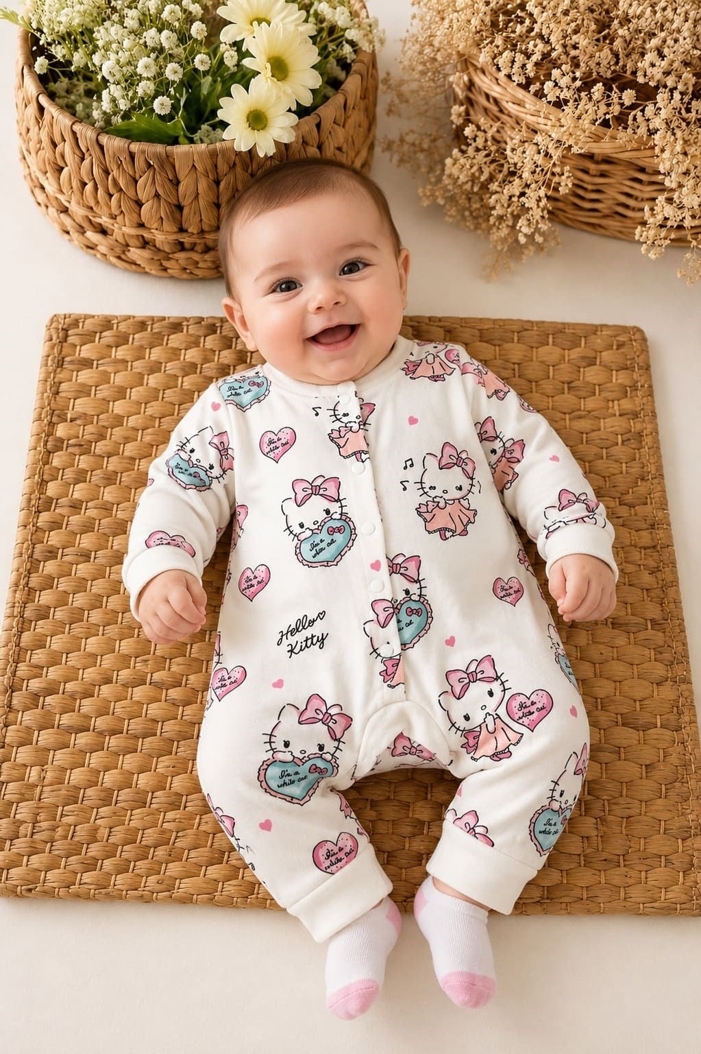 Hello Kitty Desenli Kız Bebek Tulum (%100 Pamuk) (0-3/3-6/6-9/9-12 Ay)