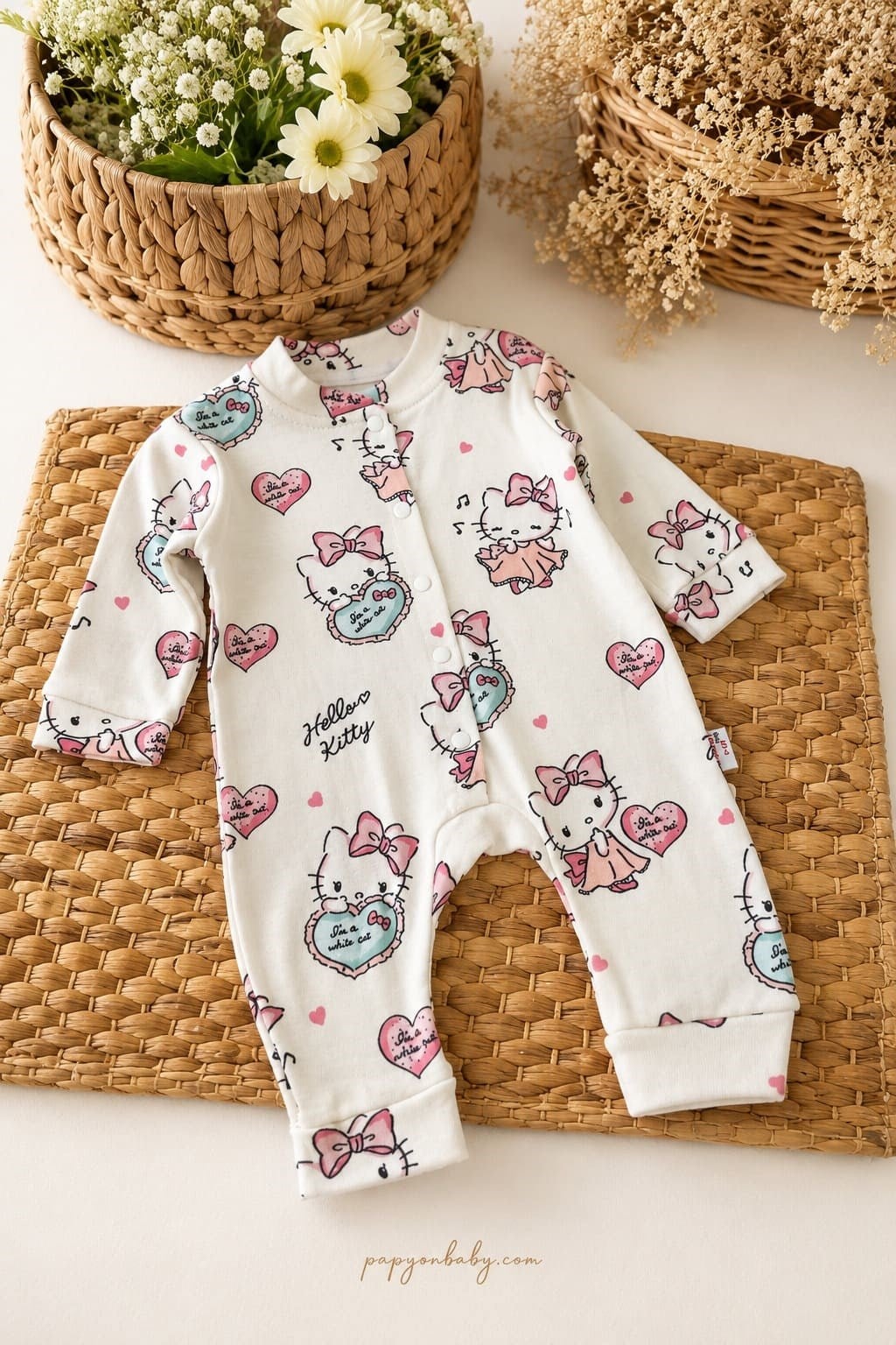 Hello Kitty Desenli Kız Bebek Tulum (%100 Pamuk) (0-3/3-6/6-9/9-12 Ay)