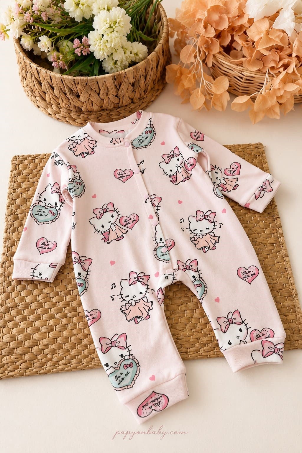 Hello Kitty Desenli Kız Bebek Tulum (%100 Pamuk) (0-3/3-6/6-9/9-12 Ay)