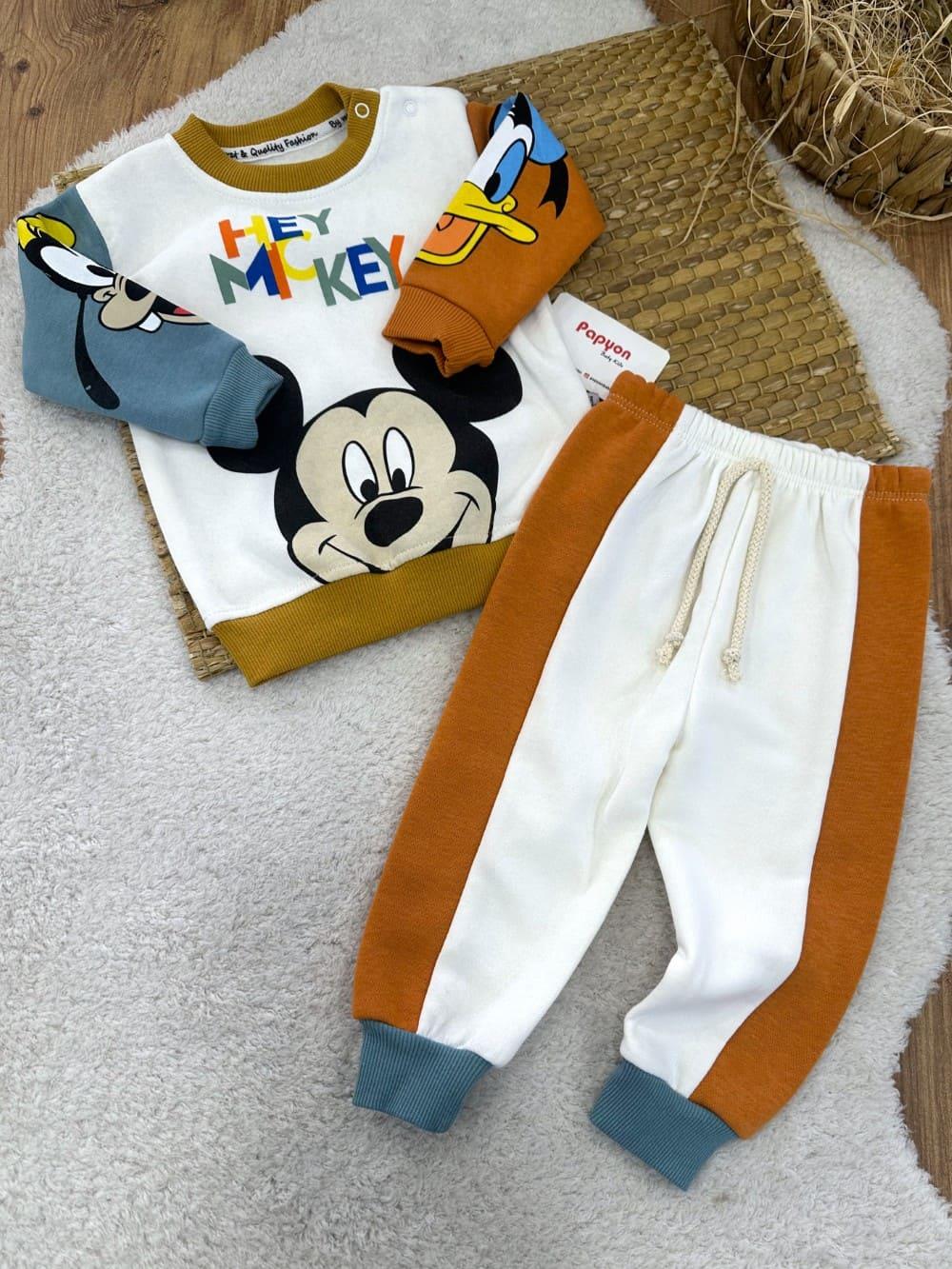 Hey Mickey Baskılı 3ip Şardonlu Erkek Bebek Takım (6-9/9-12/12-18/18-24 Ay)