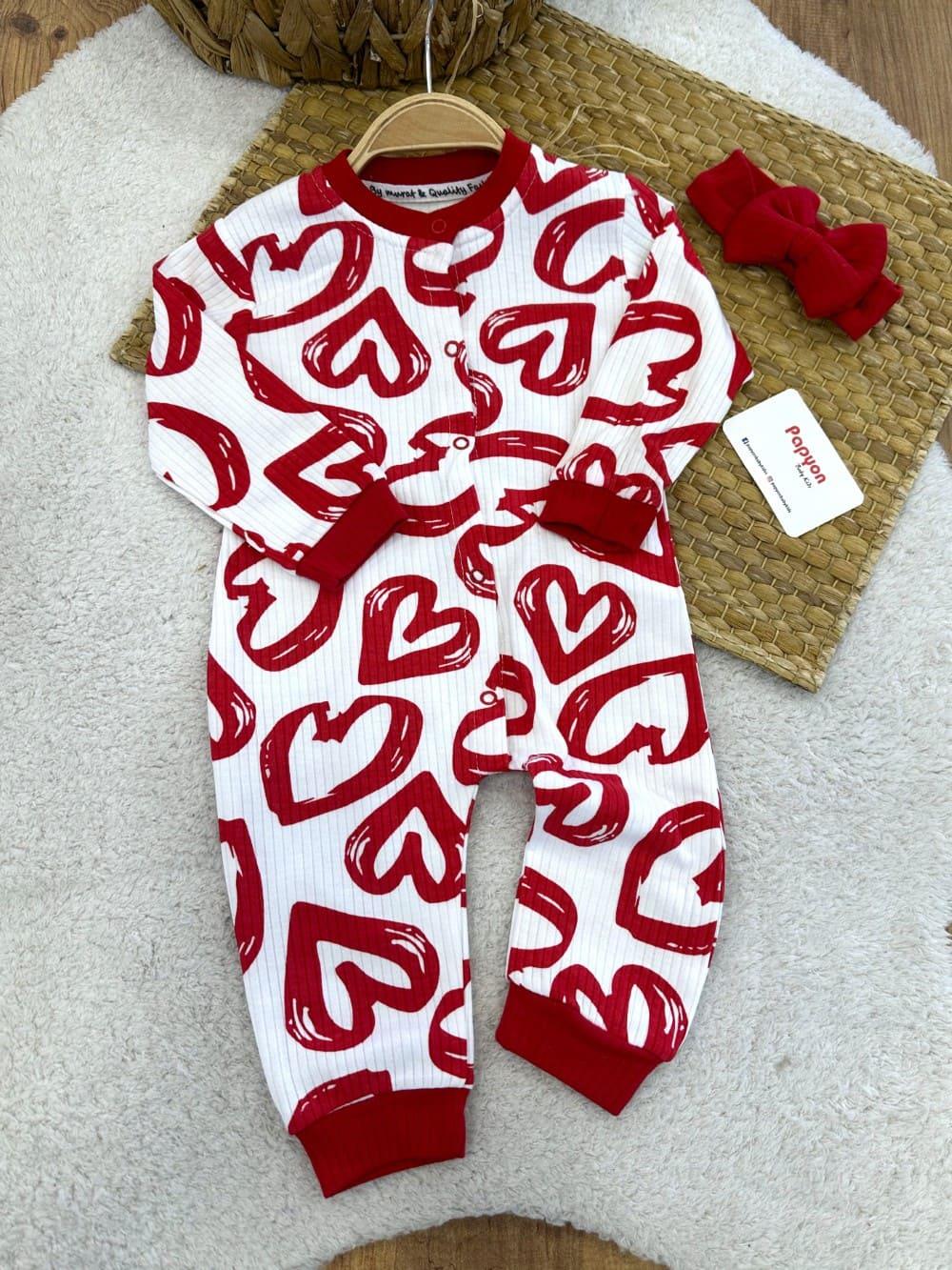 Kalp Baskılı Fitilli Kız Bebek Bandanalı Tulum (0-3/3-6/6-9/9-12 Ay)