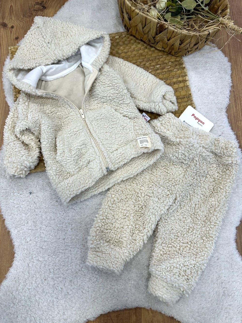 Kanguru Cepli Kapşonlu Ceketli Erkek Bebek Peluş Takım (0-3/3-6/6-9/9-12 Ay)