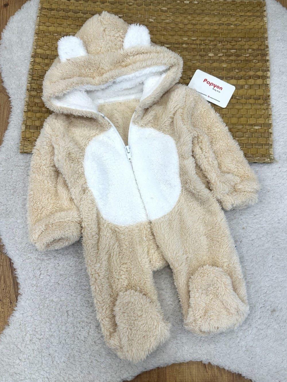 Kulaklı Kapşonlu Fermuarlı Bebek Peluş Tulum (0-3/3-6/6-9/9-12 Ay)