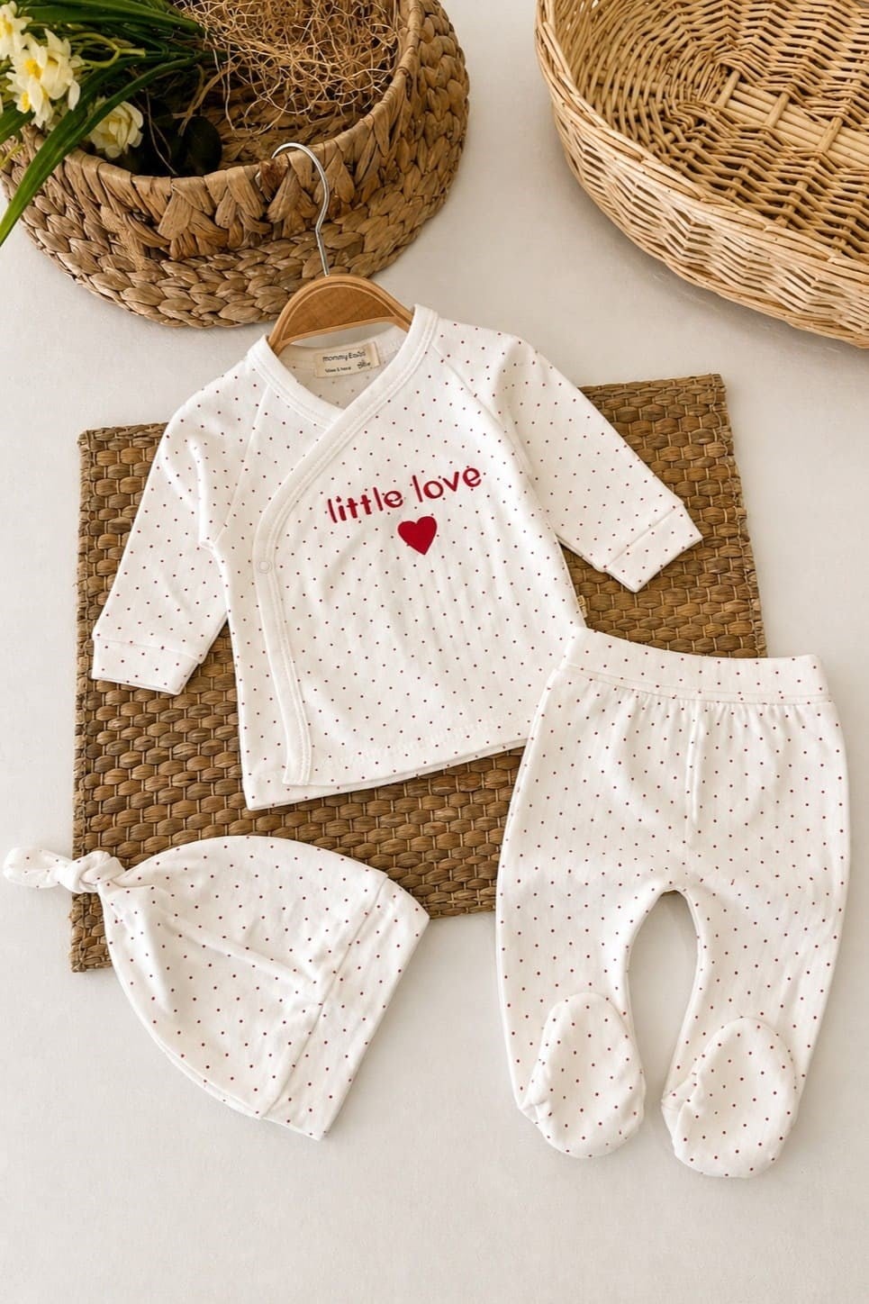 Little Love Baskılı Yenidoğan Uniseks Bebek 3lü Zıbın Set
