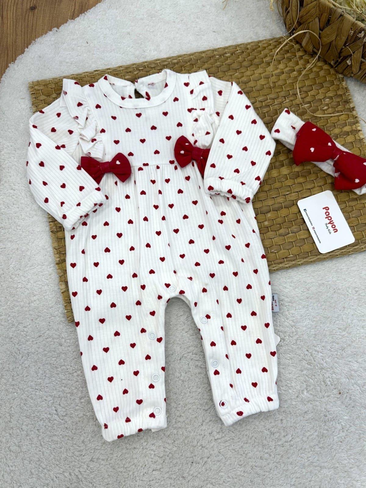 Minik Kalp Baskılı Fiyonklu Kız Bebek Bandanalı Tulum (0-3/3-6/6-9/9-12 Ay)