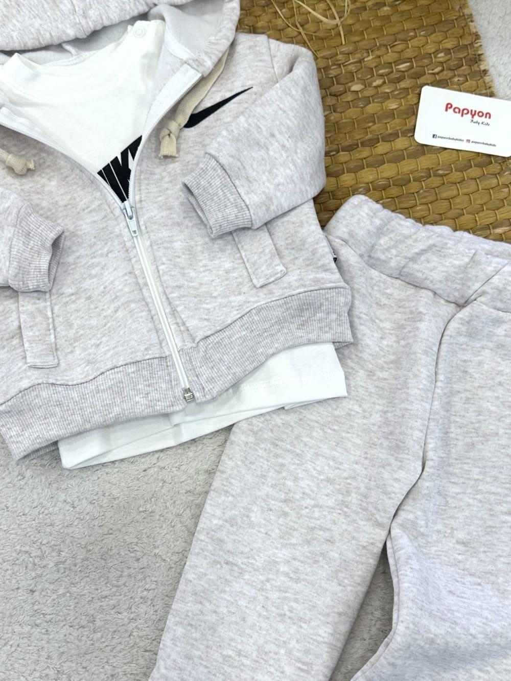 Nike Baskılı Kapşonlu Ceketli Erkek Bebek 3ip Şardonlu Takım (6-9/9-12/12-18/18-24 Ay)