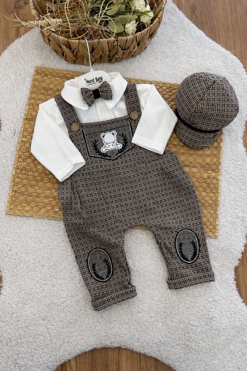 Papyonlu Badili Ayıcık Nakışlı Kazayağı Salopetli Erkek Bebek 3lü Takım (0-3/3-6/6-9/9-12 Ay)