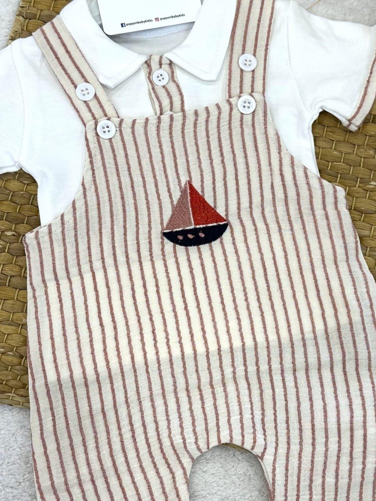 Polo Yaka Tişört Yelken Nakışlı Çizgili Salopet Erkek Bebek 2li Takım (0-3/3-6/6-9/9-12 Ay)