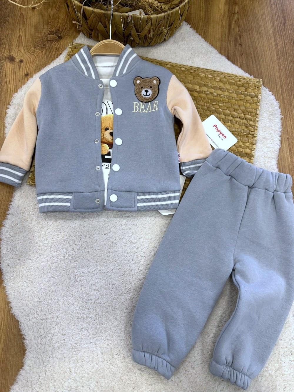 Süzene Ayıcık Nakışlı Kolej Ceketli Erkek Bebek 3lü Takım (6-9/9-12/12-18/18-24 Ay)