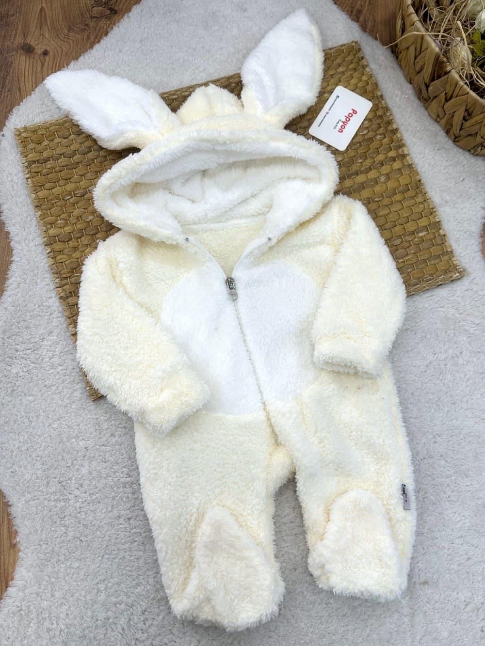 Tavşan Kulaklı Kapşonlu Bebek Peluş Tulum (0-3/3-6/6-9/9-12 Ay)