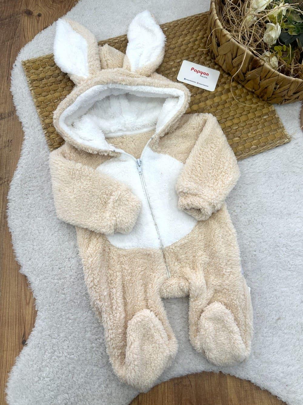 Tavşan Kulaklı Kapşonlu Bebek Peluş Tulum (0-3/3-6/6-9/9-12 Ay)