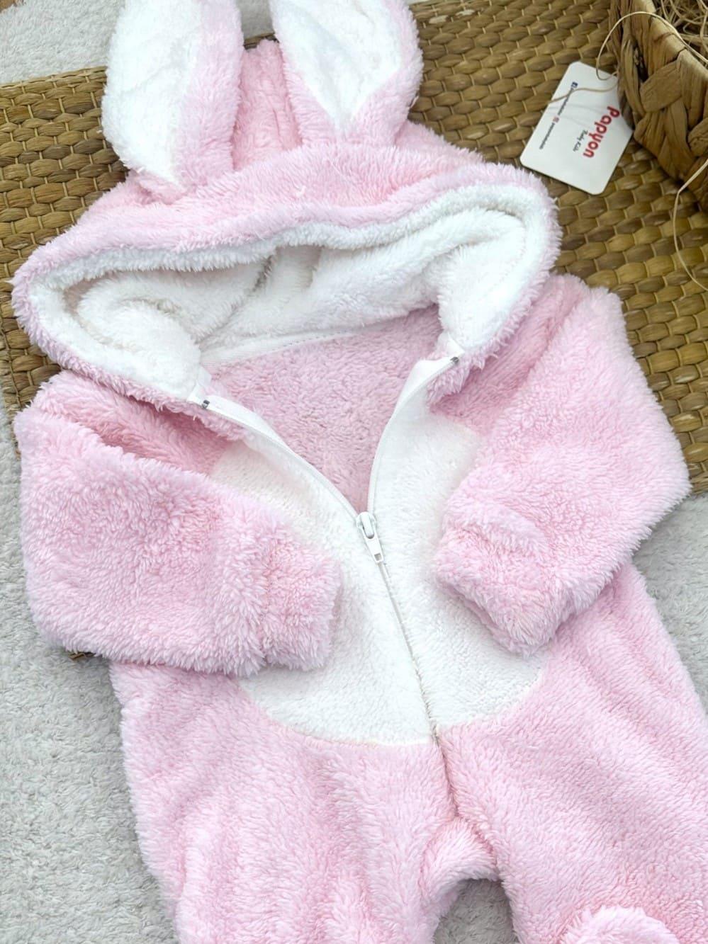 Tavşan Kulaklı Kapşonlu Bebek Peluş Tulum (0-3/3-6/6-9/9-12 Ay)