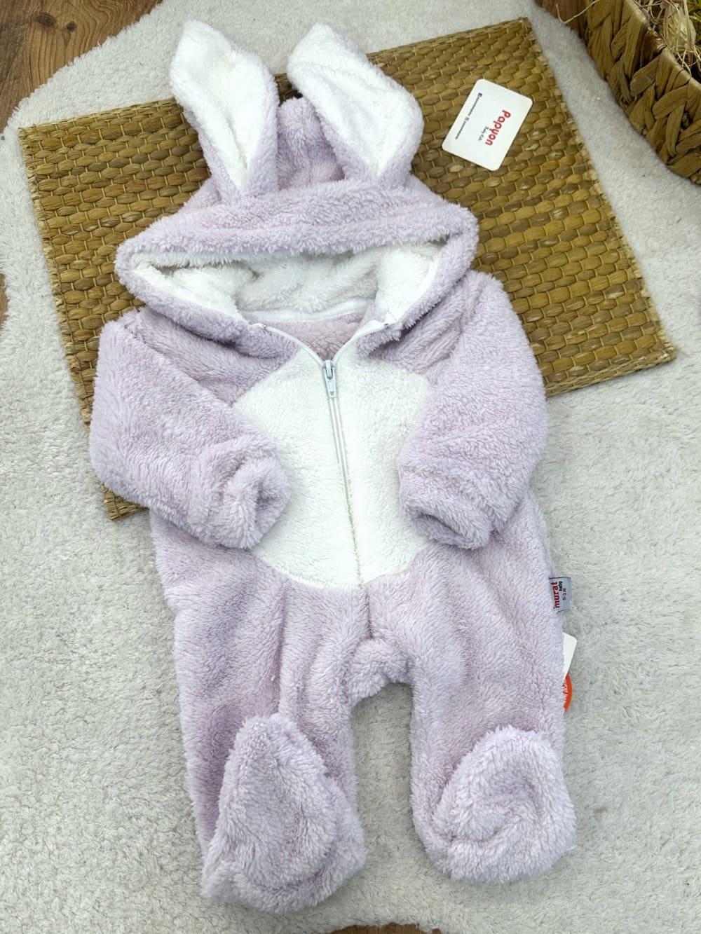 Tavşan Kulaklı Kapşonlu Bebek Peluş Tulum (0-3/3-6/6-9/9-12 Ay)