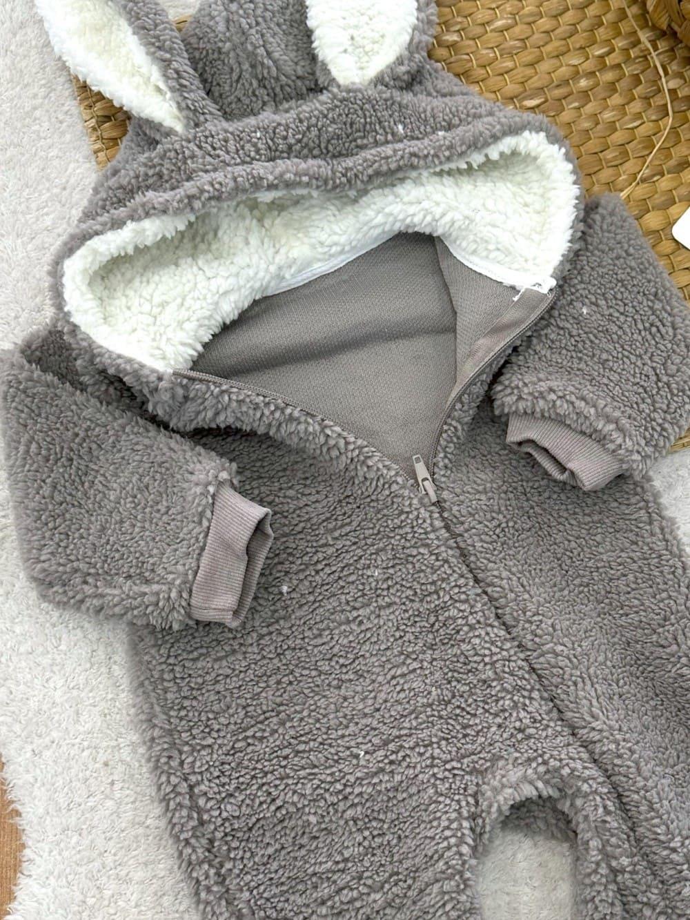Tavşan Kulaklı Kapşonlu Fermuarlı Bebek Peluş Tulum (0-3/3-6/6-9/9-12 Ay)