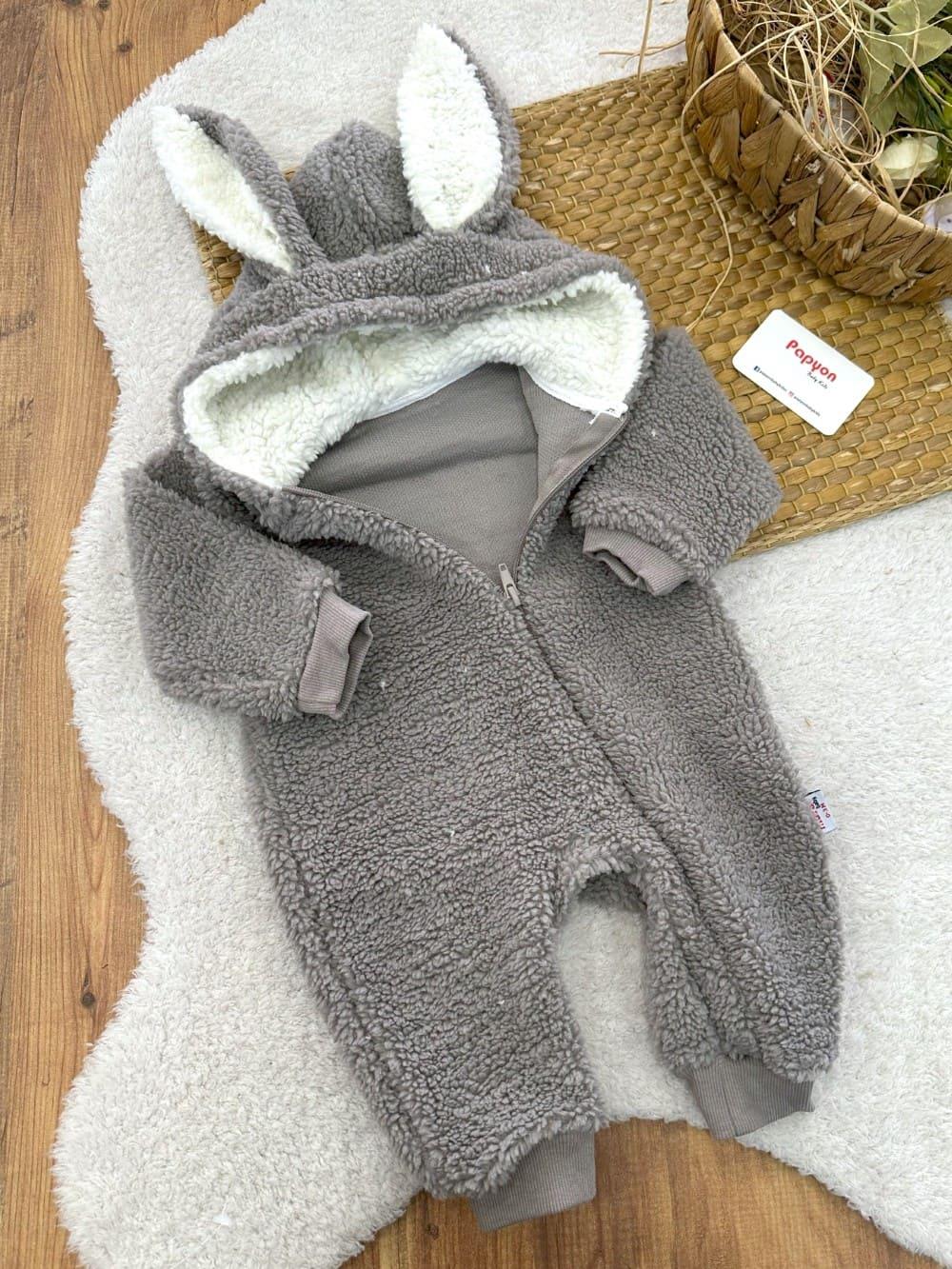 Tavşan Kulaklı Kapşonlu Fermuarlı Bebek Peluş Tulum (0-3/3-6/6-9/9-12 Ay)
