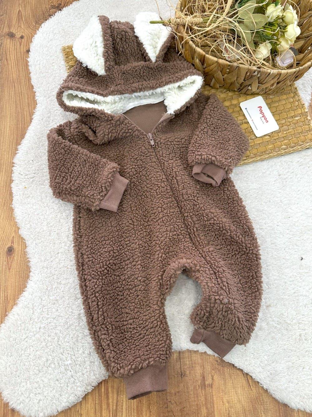 Tavşan Kulaklı Kapşonlu Fermuarlı Bebek Peluş Tulum (0-3/3-6/6-9/9-12 Ay)