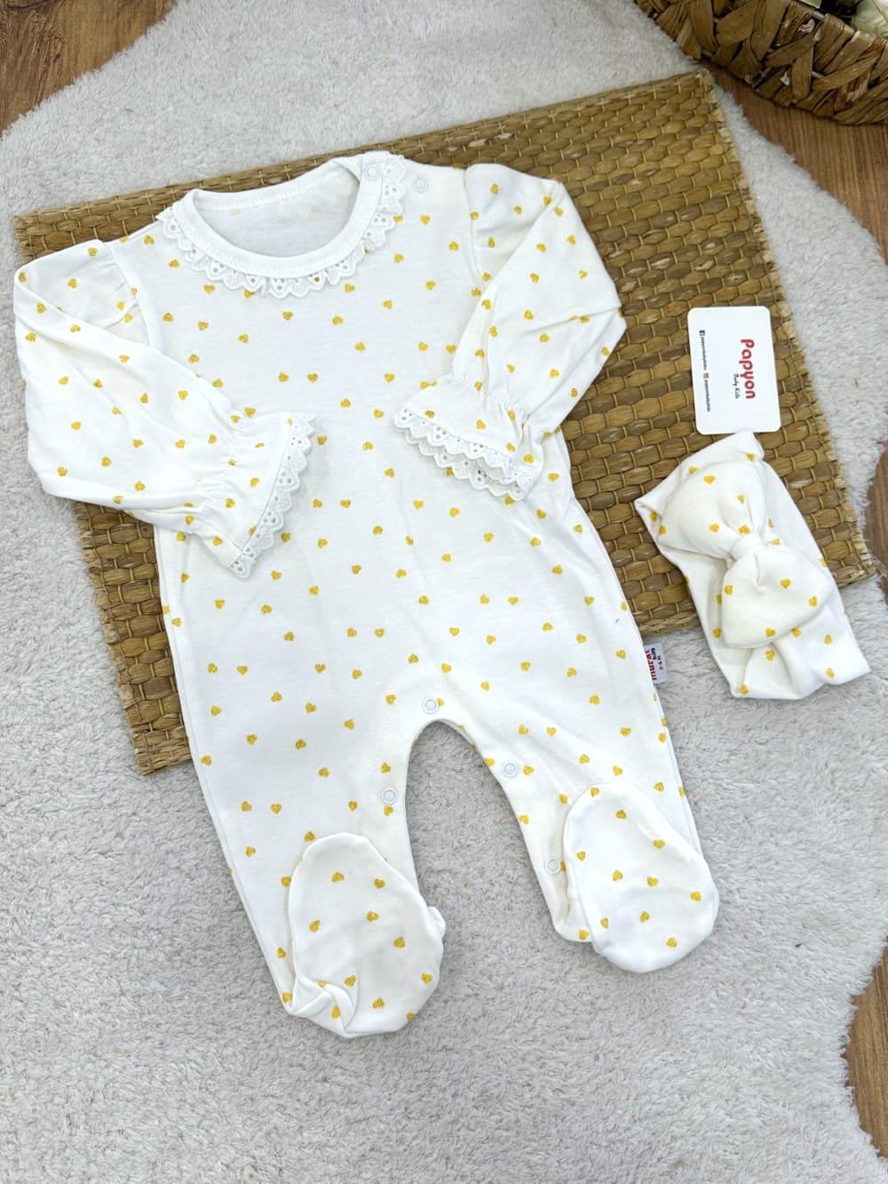 Yaldızlı Kalp Baskılı Dantelli Kız Bebek Bandanalı Tulum (0-3/3-6/6-9/9-12 Ay)